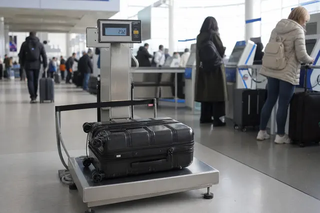 Valise posée sur une balance de bagage électronique dans un hall d'aéroport, affichage du poids visible