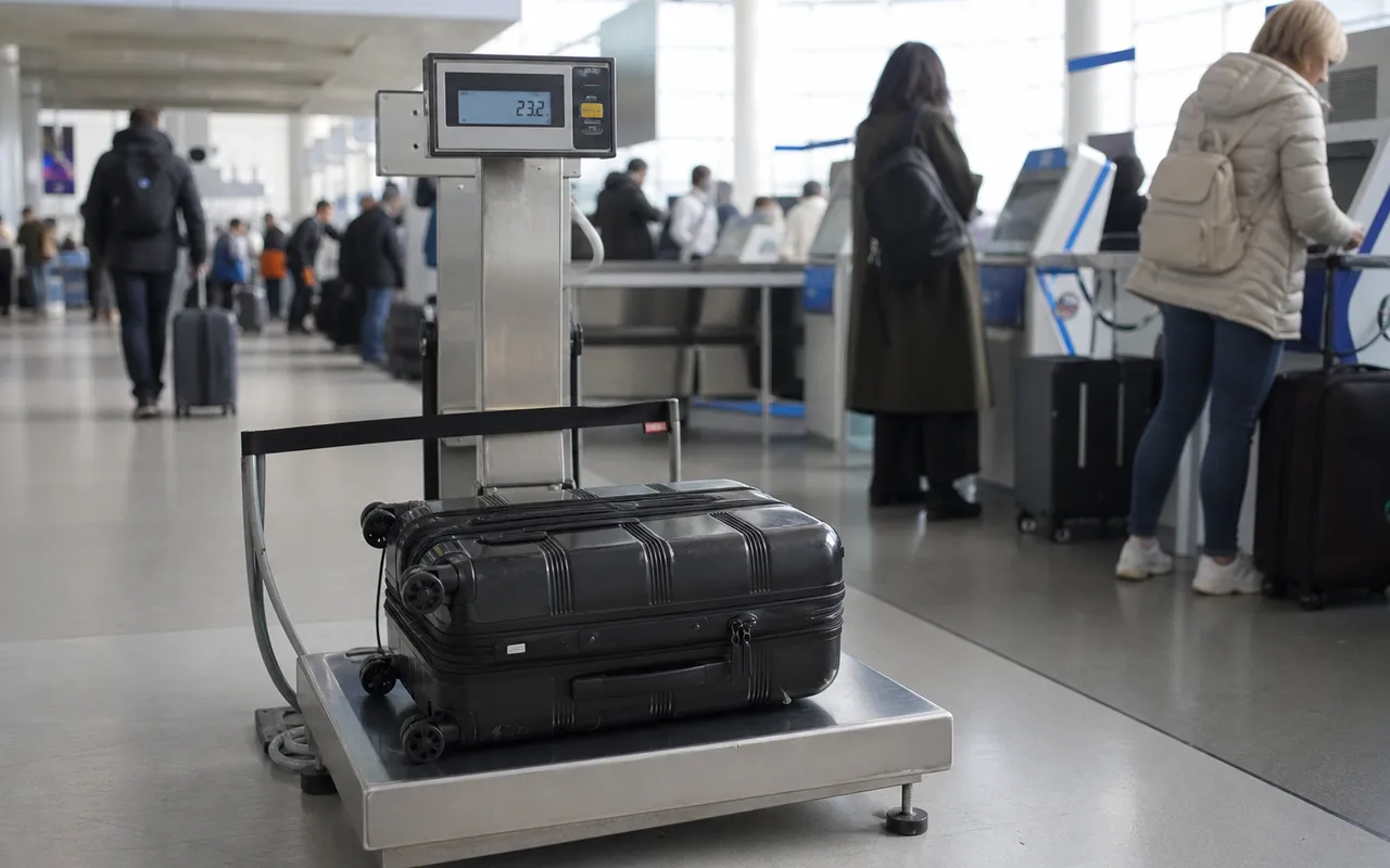 Valise posée sur une balance de bagage électronique dans un hall d'aéroport, affichage du poids visible