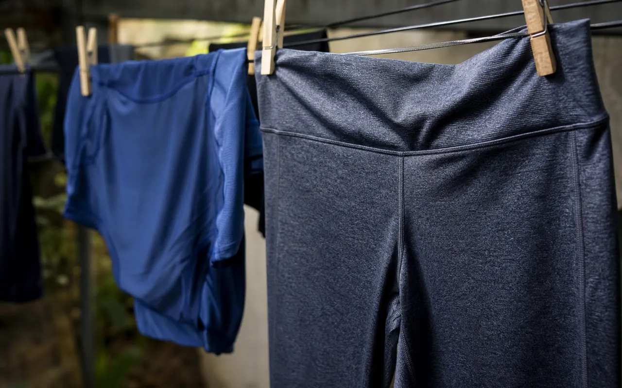 Vêtements de sport techniques suspendus après lavage, textile synthétique en gros plan