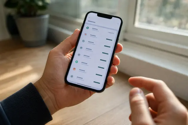 Application bancaire sur smartphone affichant l'historique des virements, tenue à la main