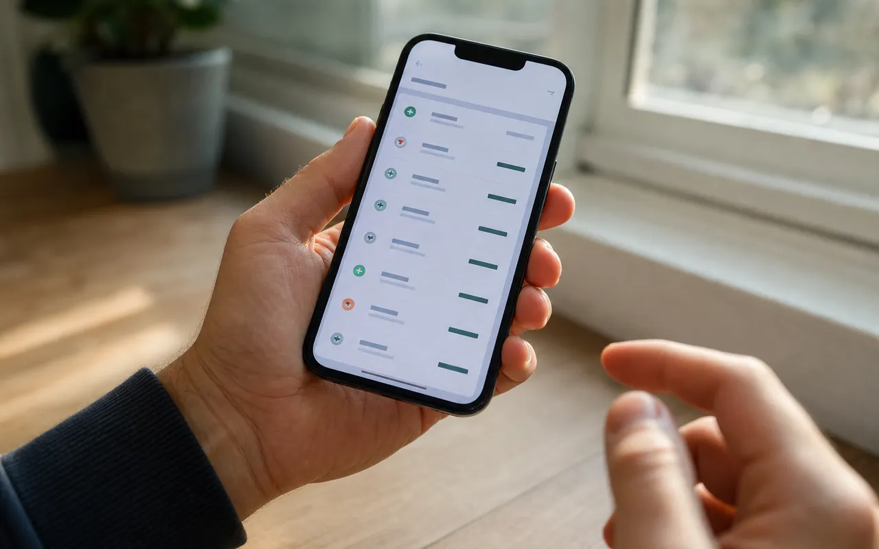 Application bancaire sur smartphone affichant l'historique des virements, tenue à la main