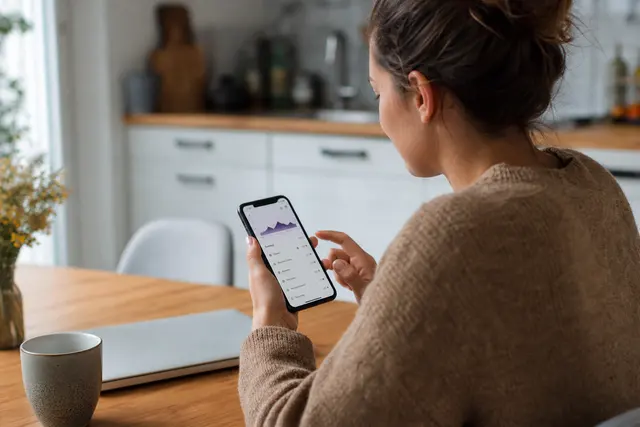 Personne consultant son application bancaire sur smartphone, historique de virements affiché à l'écran