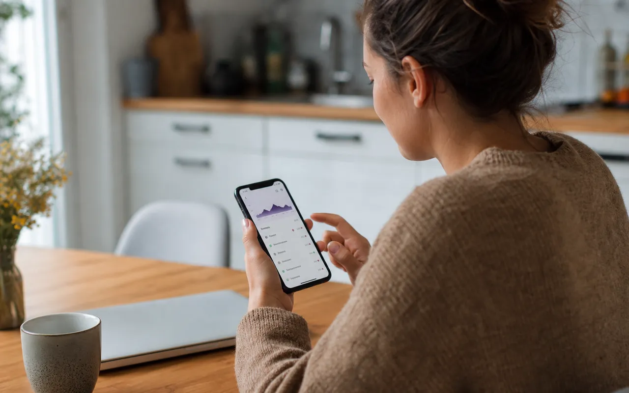 Personne consultant son application bancaire sur smartphone, historique de virements affiché à l'écran