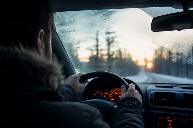 Conducteur au volant tentant de démarrer sa voiture un matin froid, tableau de bord allumé