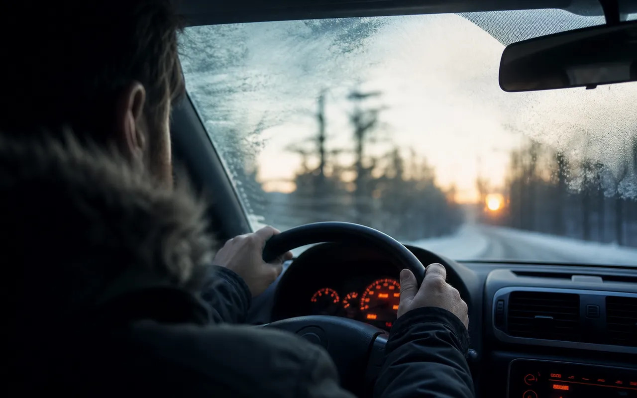 Conducteur au volant tentant de démarrer sa voiture un matin froid, tableau de bord allumé