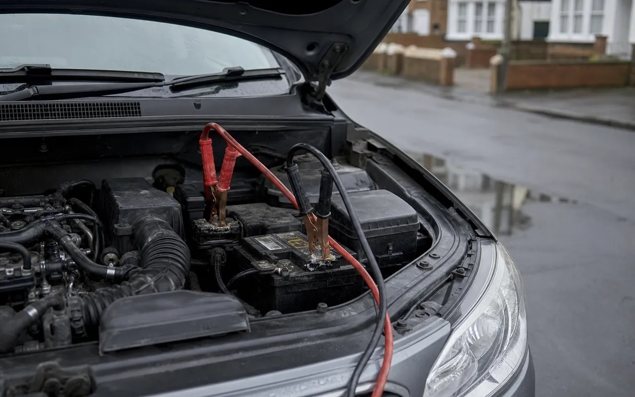 Capot de voiture ouvert dans une rue, câbles de démarrage rouge et noir pincés sur les bornes de la batterie