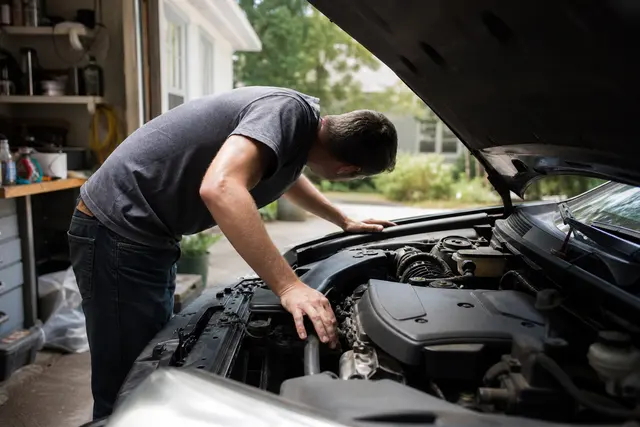 Voiture garée dans un garage avec le capot entrouvert, une personne inspectant le compartiment moteur