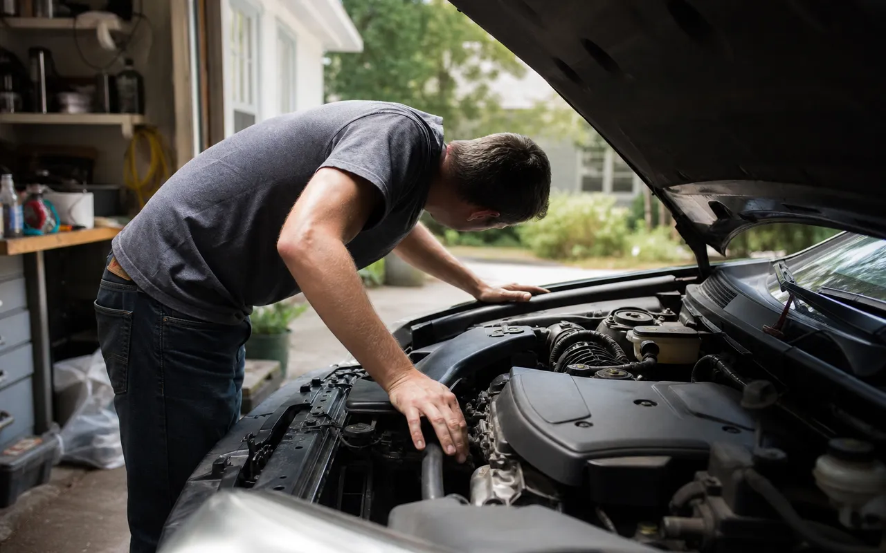 Voiture garée dans un garage avec le capot entrouvert, une personne inspectant le compartiment moteur
