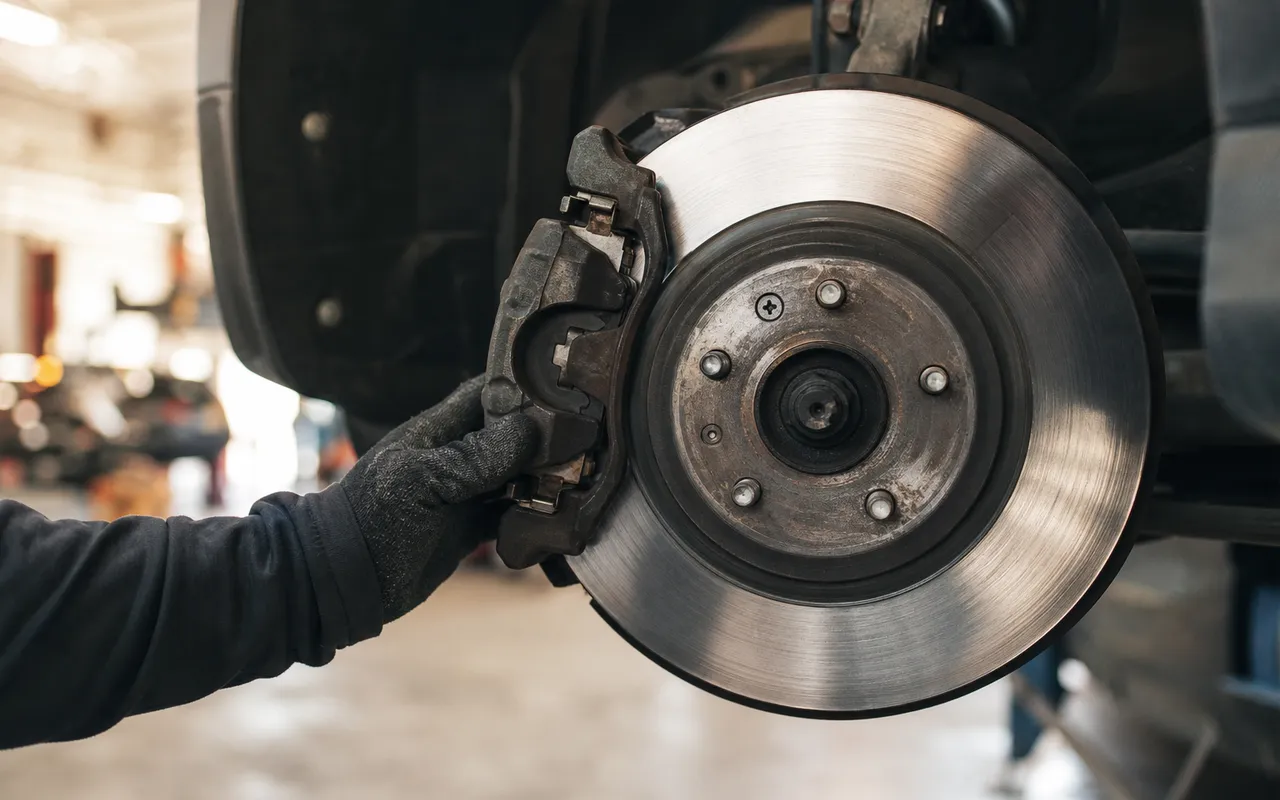 Gros plan sur une jante et un disque de frein automobile en cours d'inspection dans un garage