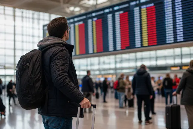 Passager consultant un panneau d'affichage des vols annulés dans un hall d'aéroport