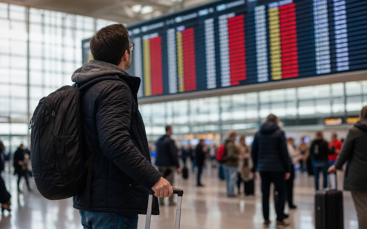 Passager consultant un panneau d'affichage des vols annulés dans un hall d'aéroport