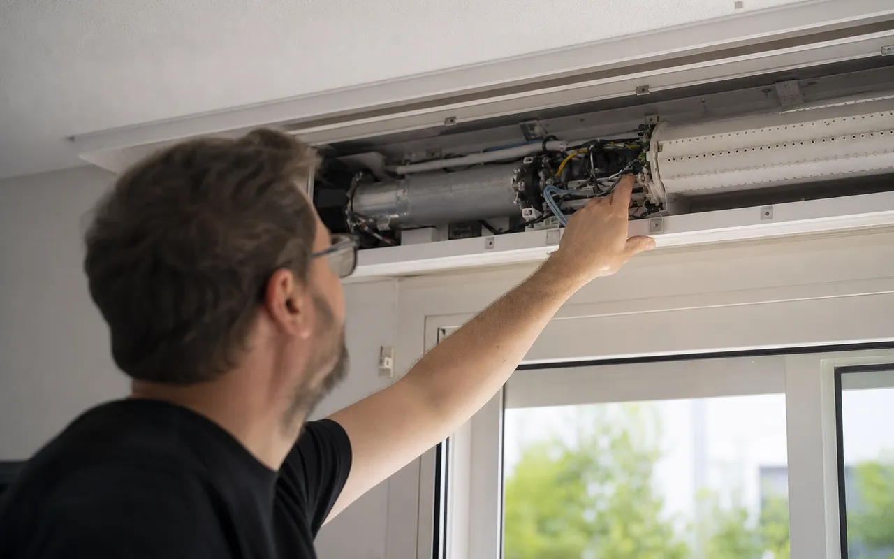 Personne examinant le coffre d'un volet roulant électrique bloqué depuis l'intérieur d'une maison
