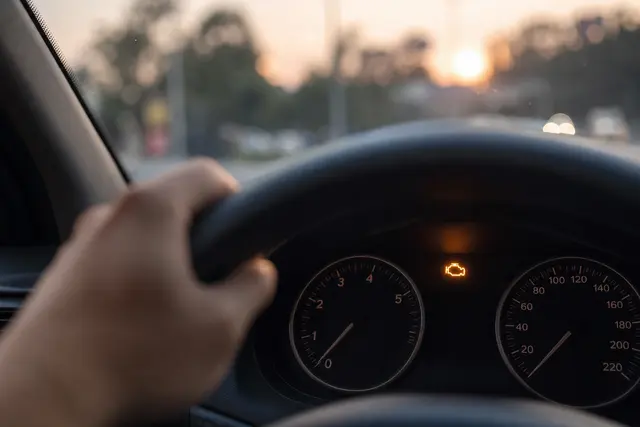 Tableau de bord de voiture de nuit avec le voyant moteur orange allumé, conducteur regardant l'écran