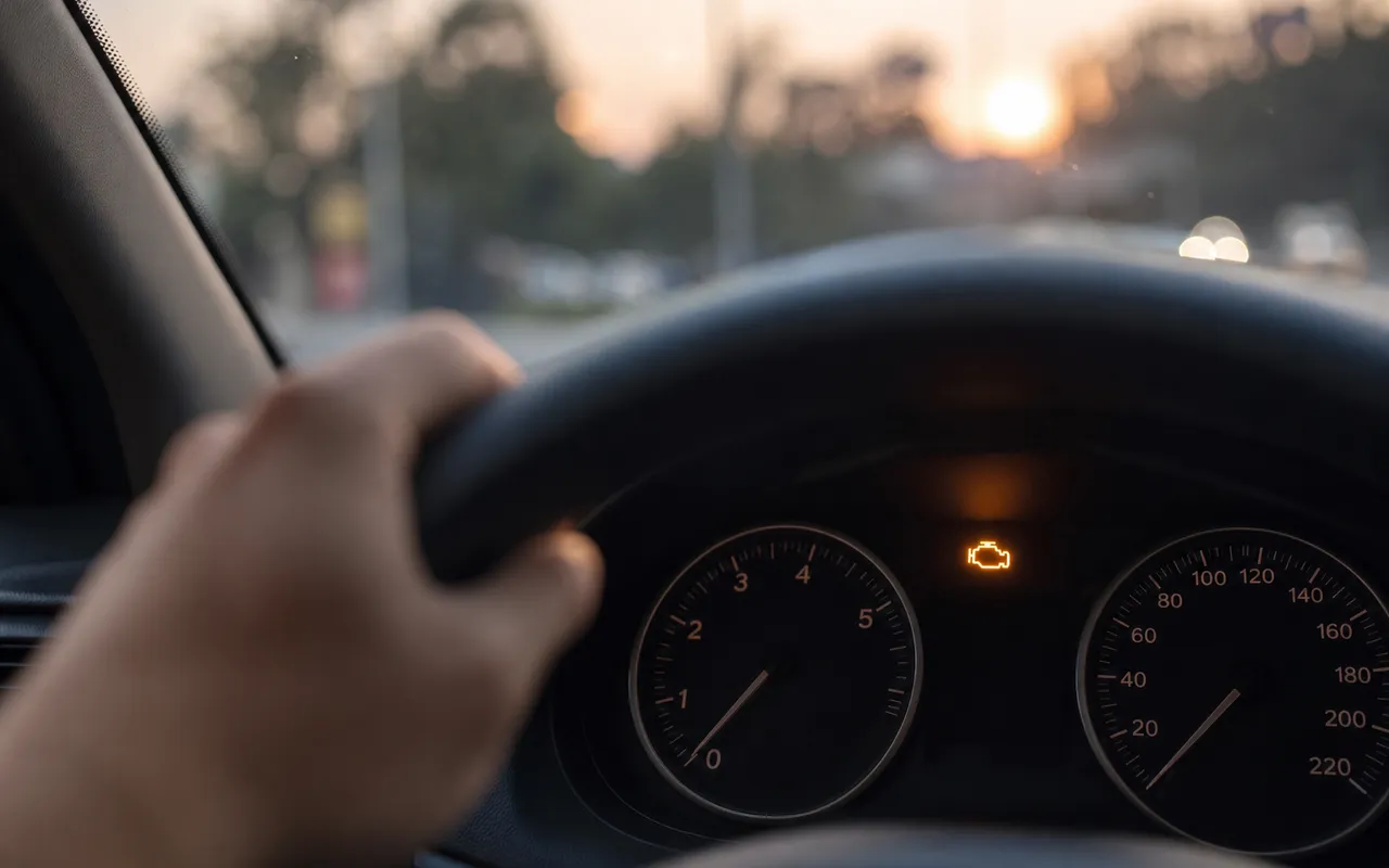Tableau de bord de voiture de nuit avec le voyant moteur orange allumé, conducteur regardant l'écran