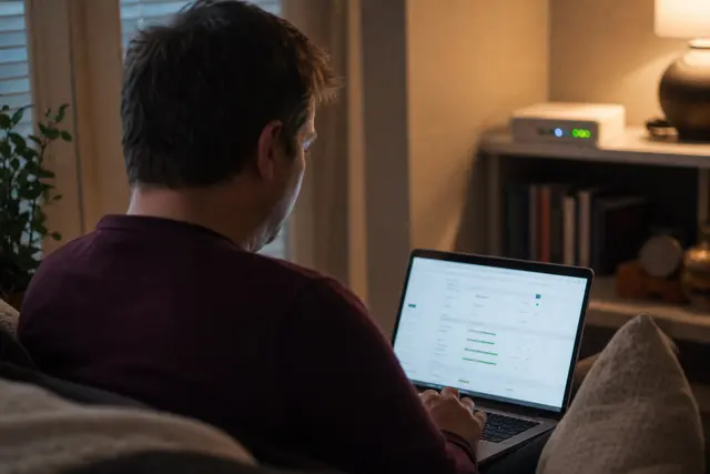 Personne consultant l'interface de sa box internet sur un ordinateur portable dans un salon en soirée