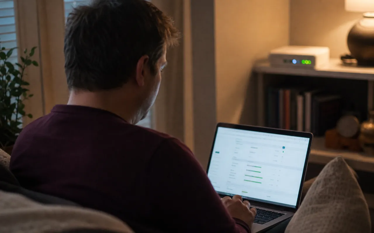 Personne consultant l'interface de sa box internet sur un ordinateur portable dans un salon en soirée